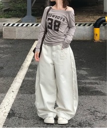 ナンバーデザインフリンジカーブデニムパンツ
