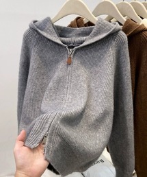 ハーフジップフーディーニットトップス