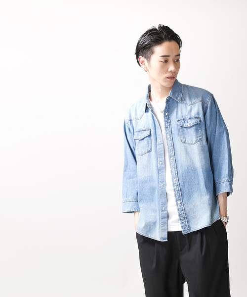 WEGO（ウィゴー）の「WEGO/ウエスタン7分袖デニムシャツジャケット（シャツ/ブラウス・メンズ・ライトインディゴブルー/インディゴブルー・MEDIUM/SMALL/LARGE）」の6枚目の写真