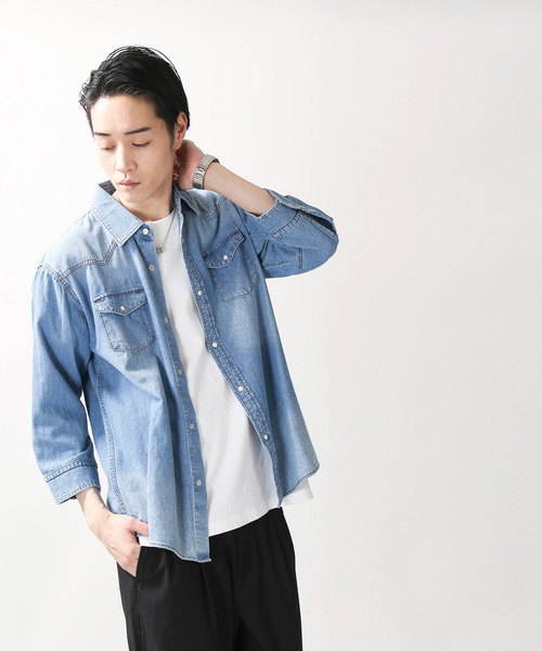 WEGO（ウィゴー）の「WEGO/ウエスタン7分袖デニムシャツジャケット（シャツ/ブラウス・メンズ・ライトインディゴブルー/インディゴブルー・MEDIUM/SMALL/LARGE）」の7枚目の写真