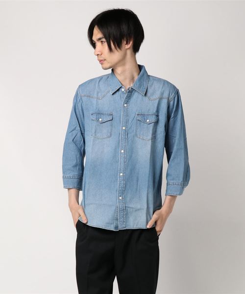 WEGO（ウィゴー）の「WEGO/ウエスタン7分袖デニムシャツジャケット（シャツ/ブラウス・メンズ・ライトインディゴブルー/インディゴブルー・MEDIUM/SMALL/LARGE）」の9枚目の写真