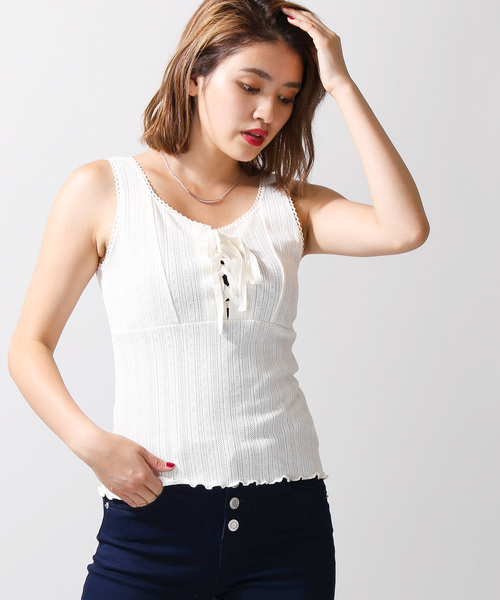 WEGO（ウィゴー）の「WEGO/パターンメッシュノースリーブトップス（タンクトップ・レディース・アイボリー/杢グレー・FREE）」の2枚目の写真