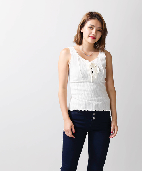 WEGO（ウィゴー）の「WEGO/パターンメッシュノースリーブトップス（タンクトップ・レディース・アイボリー/杢グレー・FREE）」の6枚目の写真