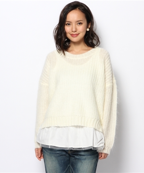 Ray BEAMS（レイビームス）の「Ray BEAMS / モヘヤ ペプラム レイヤープルオーバー（ニット/セーター・レディース・ライトグレー/オフホワイト/ネイビー・ONE SIZE）」の7枚目の写真