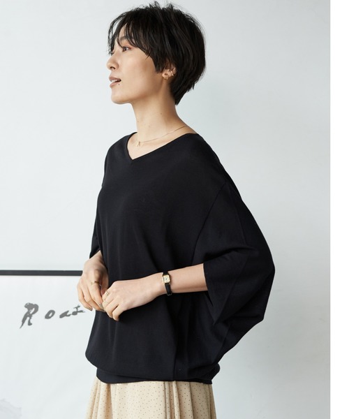 AMERICAN HOLIC（アメリカンホリック）の「ドルマン変形５分袖ニットプルオーバー 〇＊（ニット/セーター・レディース・チャコールグレー/ブラック/モカ/キャメル/グレイッシュベージュ・MEDIUM/LARGE）」の3枚目の写真