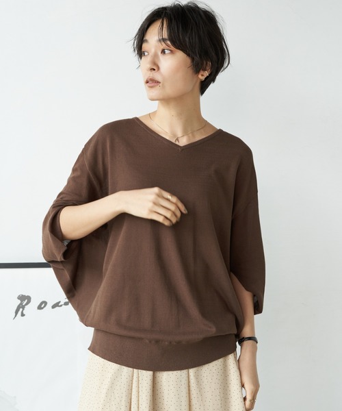 AMERICAN HOLIC（アメリカンホリック）の「ドルマン変形５分袖ニットプルオーバー 〇＊（ニット/セーター・レディース・チャコールグレー/ブラック/モカ/キャメル/グレイッシュベージュ・MEDIUM/LARGE）」の5枚目の写真