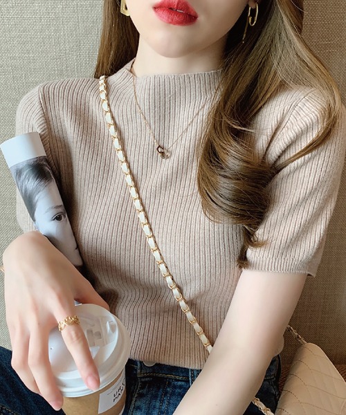 meJane（ミージェーン）の「クルーネックリブニットトップス（半袖）（ニット/セーター・レディース・ブラック/ベージュ/カーキ/ライトイエロー・FREE）」の3枚目の写真