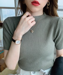 クルーネックリブニットトップス（半袖）