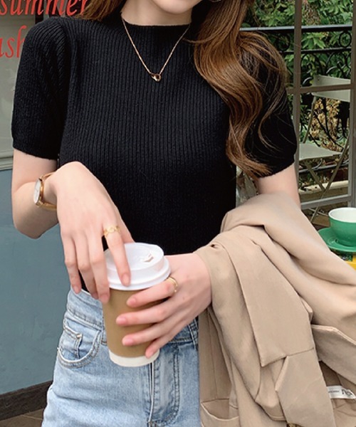 meJane（ミージェーン）の「クルーネックリブニットトップス（半袖）（ニット/セーター・レディース・ブラック/ベージュ/カーキ/ライトイエロー・FREE）」の17枚目の写真