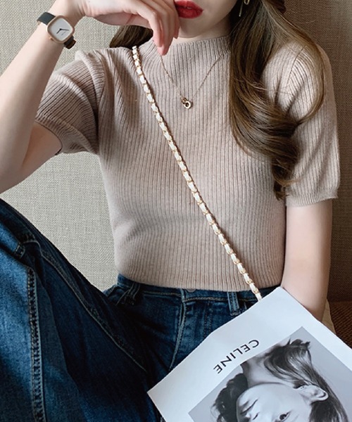 meJane（ミージェーン）の「クルーネックリブニットトップス（半袖）（ニット/セーター・レディース・ブラック/ベージュ/カーキ/ライトイエロー・FREE）」の9枚目の写真