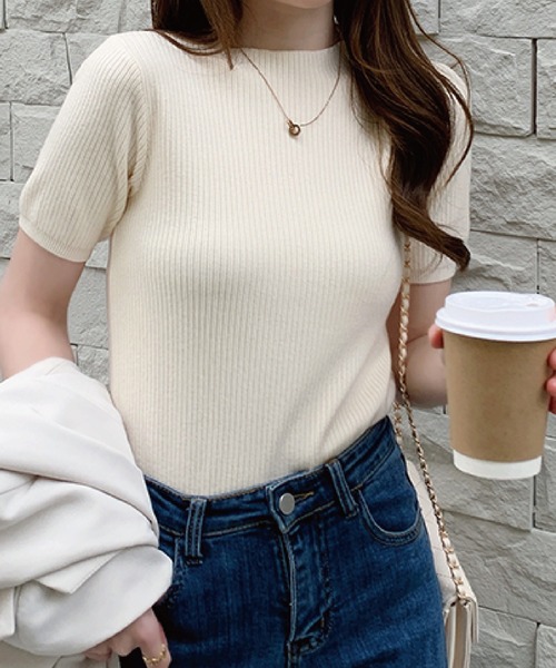 meJane（ミージェーン）の「クルーネックリブニットトップス（半袖）（ニット/セーター・レディース・ブラック/ベージュ/カーキ/ライトイエロー・FREE）」の8枚目の写真