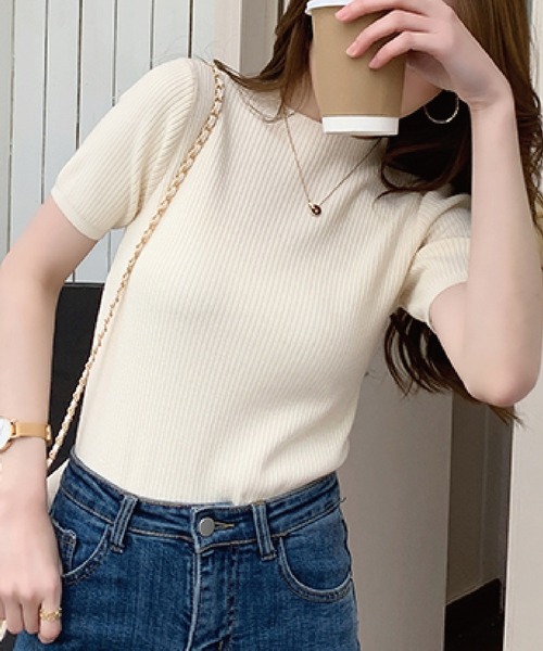 meJane（ミージェーン）の「クルーネックリブニットトップス（半袖）（ニット/セーター・レディース・ブラック/ベージュ/カーキ/ライトイエロー・FREE）」の20枚目の写真