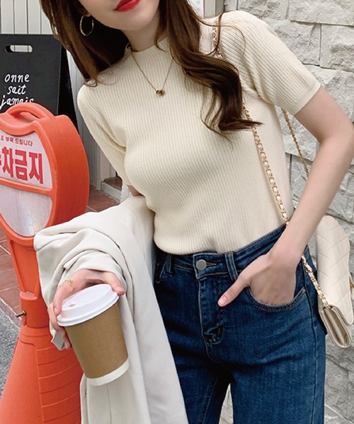 meJane（ミージェーン）の「クルーネックリブニットトップス（半袖）（ニット/セーター・レディース・ブラック/ベージュ/カーキ/ライトイエロー・FREE）」の6枚目の写真