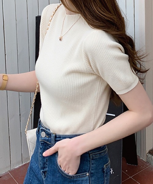 meJane（ミージェーン）の「クルーネックリブニットトップス（半袖）（ニット/セーター・レディース・ブラック/ベージュ/カーキ/ライトイエロー・FREE）」の14枚目の写真