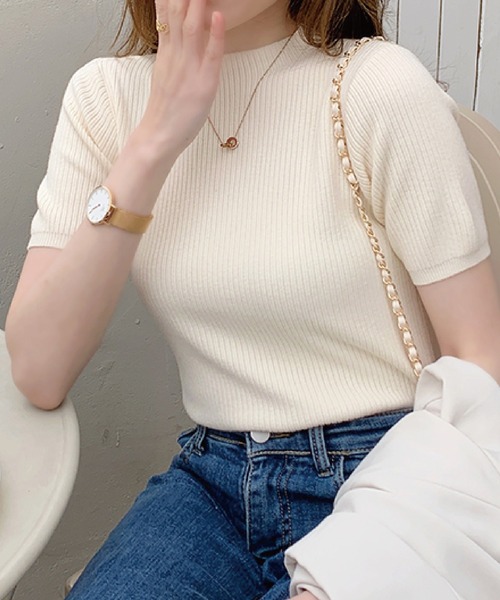 meJane（ミージェーン）の「クルーネックリブニットトップス（半袖）（ニット/セーター・レディース・ブラック/ベージュ/カーキ/ライトイエロー・FREE）」の10枚目の写真