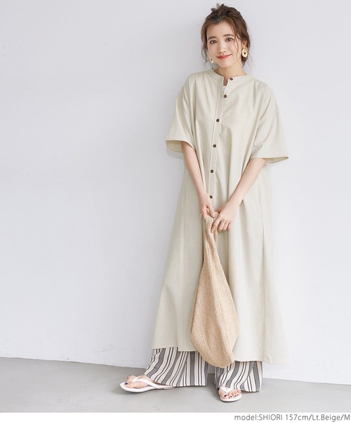麻混シャツワンピース