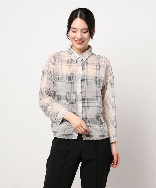 おしゃれスタ（オシャレスタ）の「シースルー チェックミドル丈シアービッグシャツ(長袖)（シャツ/ブラウス・レディース・ブラック/ベージュ・M/L/XL）」の5枚目の写真