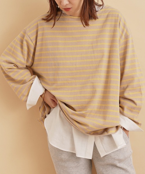 SALON adam et rope'（サロン アダム エ ロペ）の「<春まで使える>【WEB限定】オーバーシルエットボーダーTee（Tシャツ/カットソー・レディース・ベージュ/カーキ/ブラック系その他・FREE）」の2枚目の写真