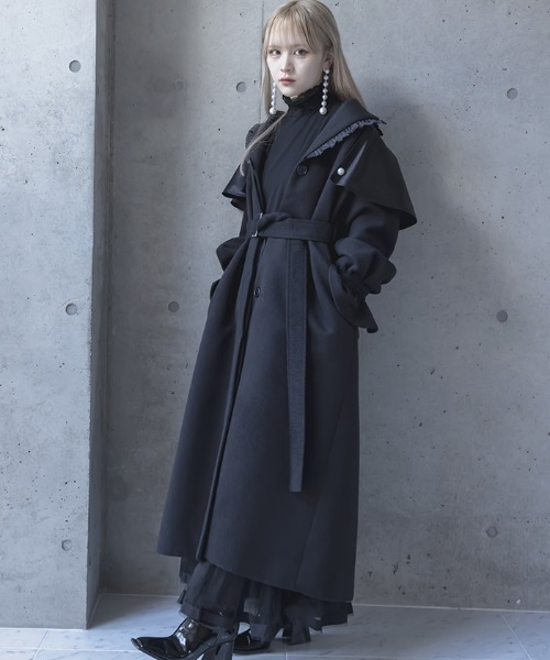 新品未使用！☆ELLIE☆ケープコート☆ブラック セール】2WAYケープロングコート（ステンカラーコート）｜Ellno Loset