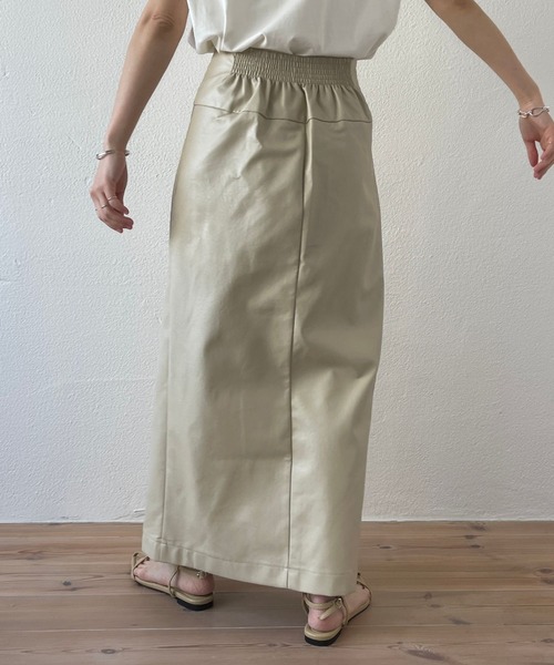 wee9s(ウィークス)の「fake leather wrap skirt / 1年中使えるバックゴムフェイクレザーラップスカート(スカート・レディース・オレンジ/ブルー/ベージュ/ブラック/ピンク・FREE)」の8枚目の写真
