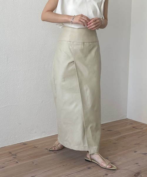 wee9s(ウィークス)の「fake leather wrap skirt / 1年中使えるバックゴムフェイクレザーラップスカート(スカート・レディース・オレンジ/ブルー/ベージュ/ブラック/ピンク・FREE)」の15枚目の写真