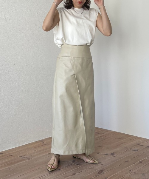 wee9s(ウィークス)の「fake leather wrap skirt / 1年中使えるバックゴムフェイクレザーラップスカート(スカート・レディース・オレンジ/ブルー/ベージュ/ブラック/ピンク・FREE)」の16枚目の写真