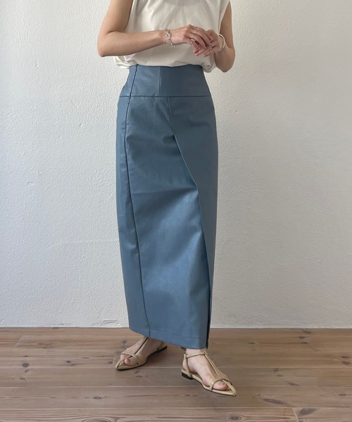 wee9s(ウィークス)の「fake leather wrap skirt / 1年中使えるバックゴムフェイクレザーラップスカート(スカート・レディース・オレンジ/ブルー/ベージュ/ブラック/ピンク・FREE)」の21枚目の写真