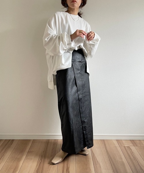 fake leather wrap skirt / 1年中使えるバックゴムフェイクレザー