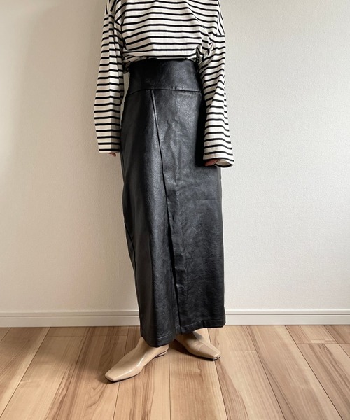 fake leather wrap skirt / 1年中使えるバックゴムフェイクレザー