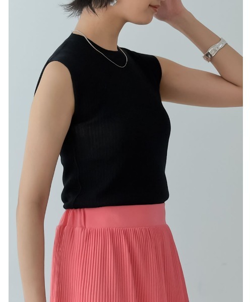 リネンタッチノースリーブリブニットトップス