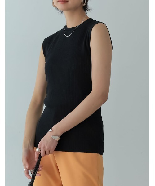 リネンタッチノースリーブリブニットトップス