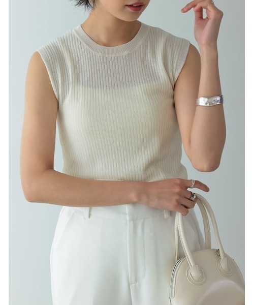 リネンタッチノースリーブリブニットトップス