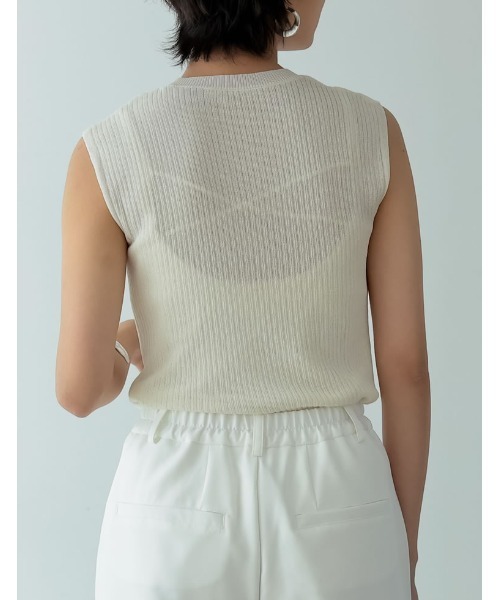 リネンタッチノースリーブリブニットトップス