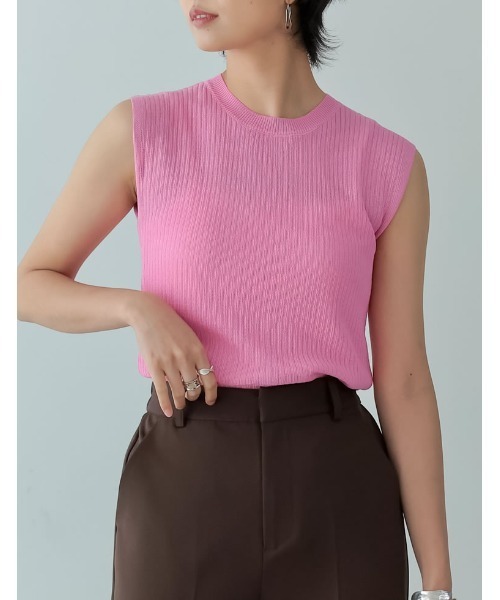 リネンタッチノースリーブリブニットトップス