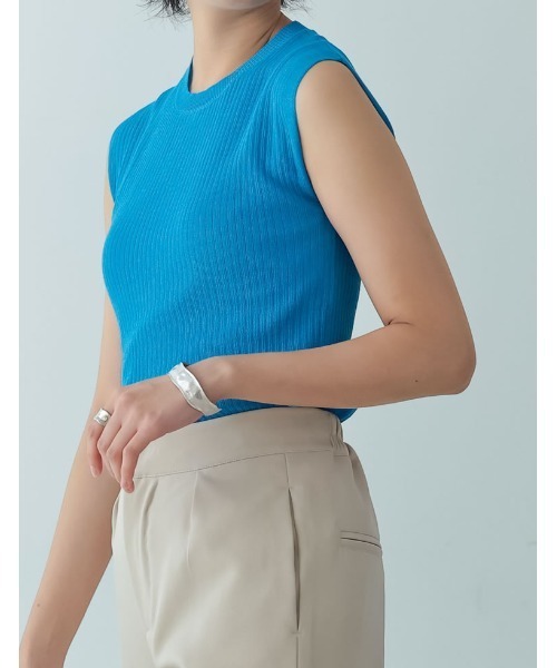 リネンタッチノースリーブリブニットトップス