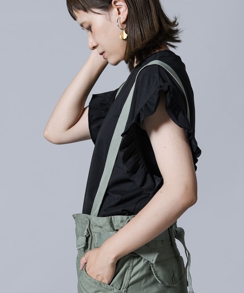 folka（フォルカ）の「【folka（フォルカ）】袖フリルTシャツ（Tシャツ/カットソー・レディース・ホワイト/チャコールグレー/ブラック/ピンクベージュ・ONE SIZE）」の9枚目の写真