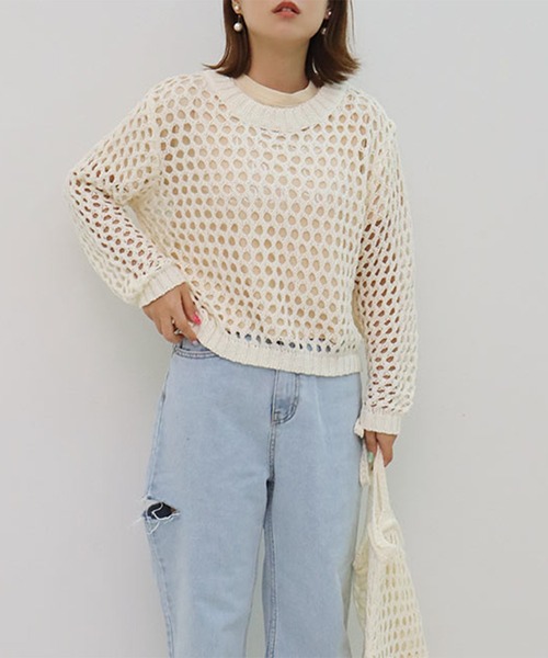 Isn't She?（イズントシー）の「メッシュニットプルオーバー＋バッグセット（ニット/セーター・レディース・アイボリー/ブラック・FREE）」の3枚目の写真