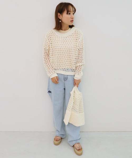 Isn't She?（イズントシー）の「メッシュニットプルオーバー＋バッグセット（ニット/セーター・レディース・アイボリー/ブラック・FREE）」の4枚目の写真