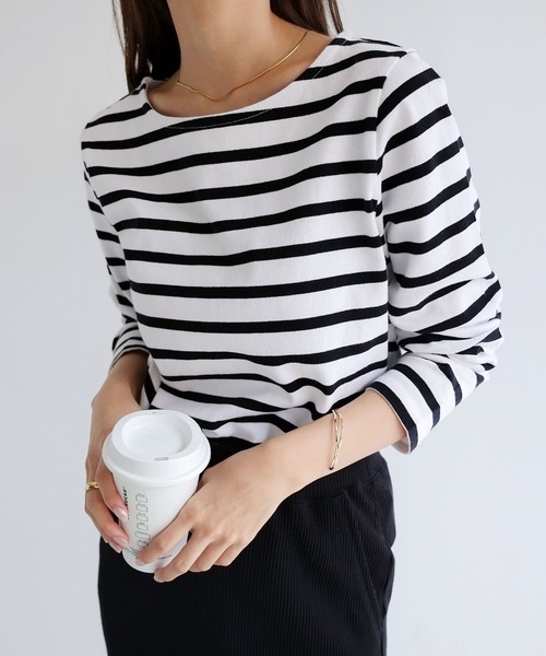 andme(アンドミー)の「コットン天竺長袖ボーダーTシャツ(Tシャツ/カットソー・レディース・グレー系その他/ホワイト×ブラック/ベージュ系その他/ホワイト×レッド/ホワイト×ブルー/ホワイト×パープル・M/L)」の7枚目の写真