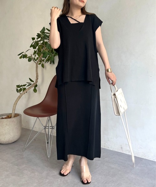 prose verse（プロズヴェール）の「ニットベスト×ニットキャミワンピースセット（ワンピース・レディース・ブラック/オフホワイト・ﾌﾘ-）」の2枚目の写真