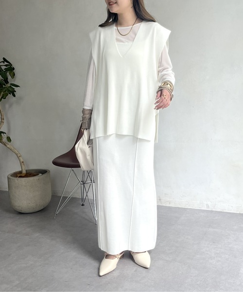 prose verse（プロズヴェール）の「ニットベスト×ニットキャミワンピースセット（ワンピース・レディース・ブラック/オフホワイト・ﾌﾘ-）」の7枚目の写真