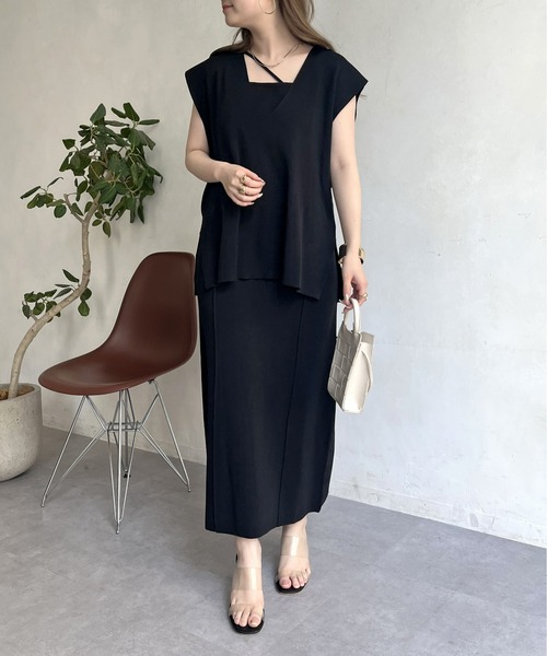 prose verse（プロズヴェール）の「ニットベスト×ニットキャミワンピースセット（ワンピース・レディース・ブラック/オフホワイト・ﾌﾘ-）」の4枚目の写真