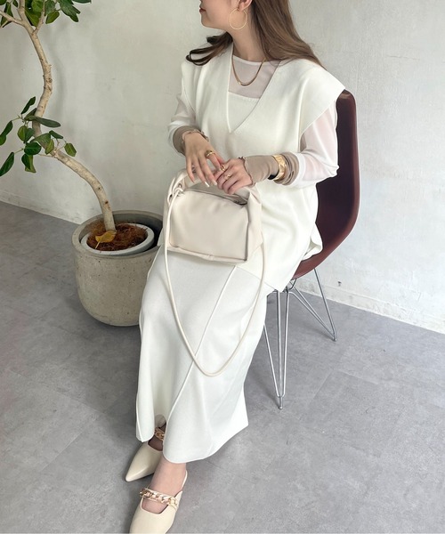 prose verse（プロズヴェール）の「ニットベスト×ニットキャミワンピースセット（ワンピース・レディース・ブラック/オフホワイト・ﾌﾘ-）」の13枚目の写真