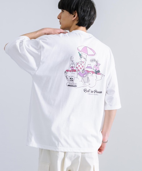 Rocky Monroe(ロッキーモンロー)の「オーバーサイズ TC天竺 プリント刺繍半袖Tシャツ スカル(Tシャツ/カットソー・メンズ・ブラック/ホワイト系/サックスブルー/ホワイト系1/オフホワイト/ブラック系1/ミント/ブラック系/コーラル・M/L)」の5枚目の写真