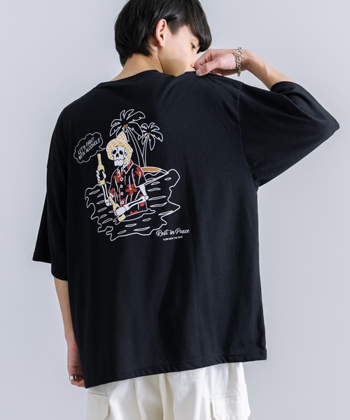 Rocky Monroe(ロッキーモンロー)の「オーバーサイズ TC天竺 プリント刺繍半袖Tシャツ スカル(Tシャツ/カットソー・メンズ・ブラック/ホワイト系/サックスブルー/ホワイト系1/オフホワイト/ブラック系1/ミント/ブラック系/コーラル・M/L)」の1枚目の写真