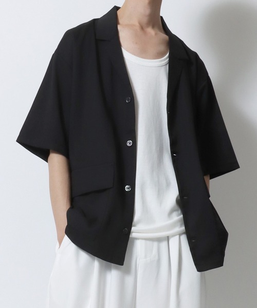 SITRY（シトリー）の「drape tailored collar Shirt/ドレープ テーラードカラー 半袖シャツ シャツジャケット（テーラードジャケット・メンズ・チャコールグレー/ブラック/ブラウン・M/L/LL）」の2枚目の写真