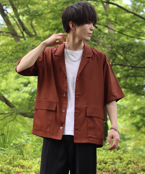 ダークブラウン テーラードジャケット 半袖 セール】drape tailored collar Shirt/ドレープ テーラード