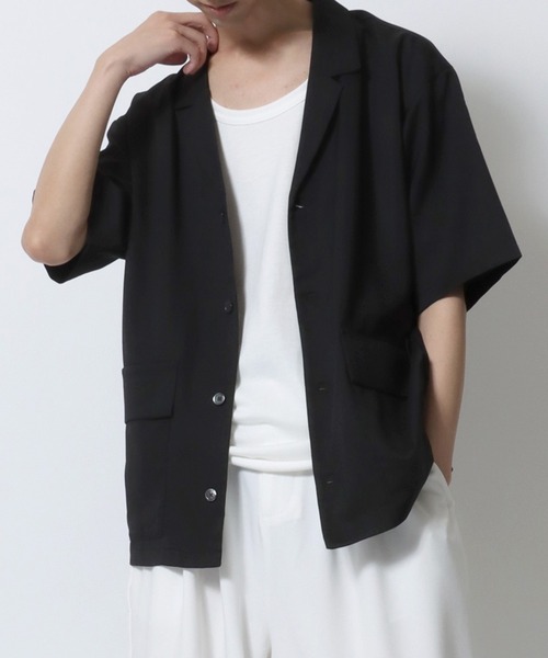 ダークブラウン テーラードジャケット 半袖 セール】drape tailored collar Shirt/ドレープ テーラード