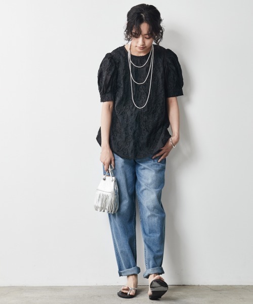 CHIC STYLE（シックスタイル）の「＜大きいサイズ＞カットジャガードパフスリーブブラウス シックスタイル（シャツ/ブラウス・レディース・ベージュ/ブラック・L/LL/3L/4L/5L）」の20枚目の写真