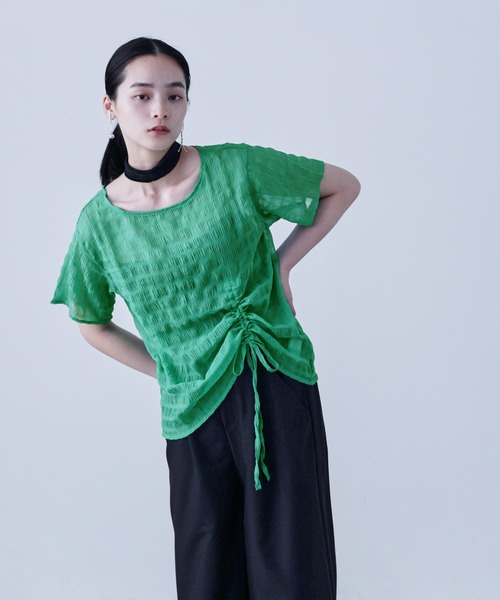 Fashion Letter(ファッションレター)の「サイドシャーリング 半袖ブラウス(Tシャツ/カットソー・レディース・ブラック/オフホワイト/グリーン/ブルー・M)」の21枚目の写真